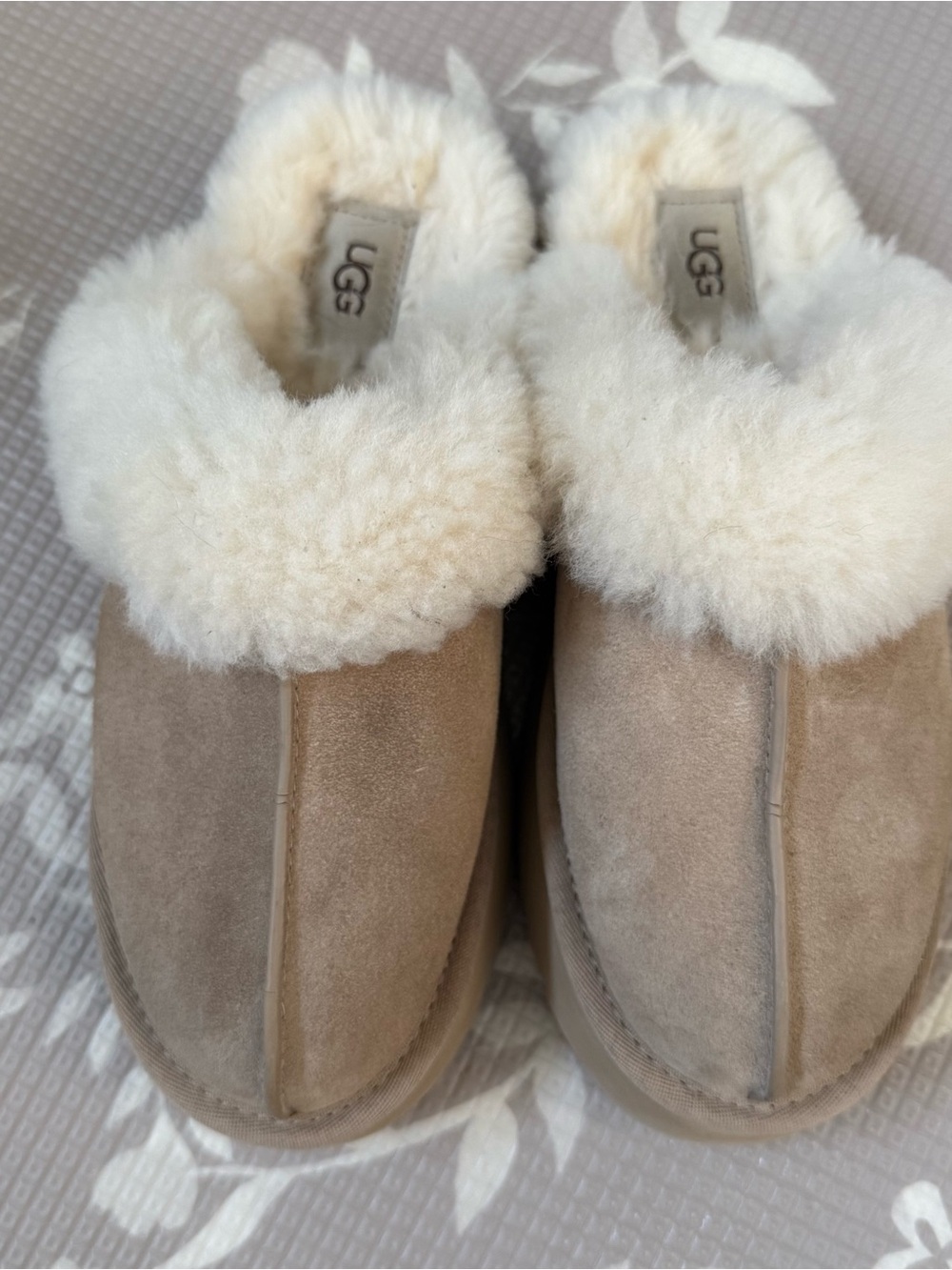 UGG Sand Disquette Suede Shearling Slip-On Platform Clogs with Cream Fur Cuff